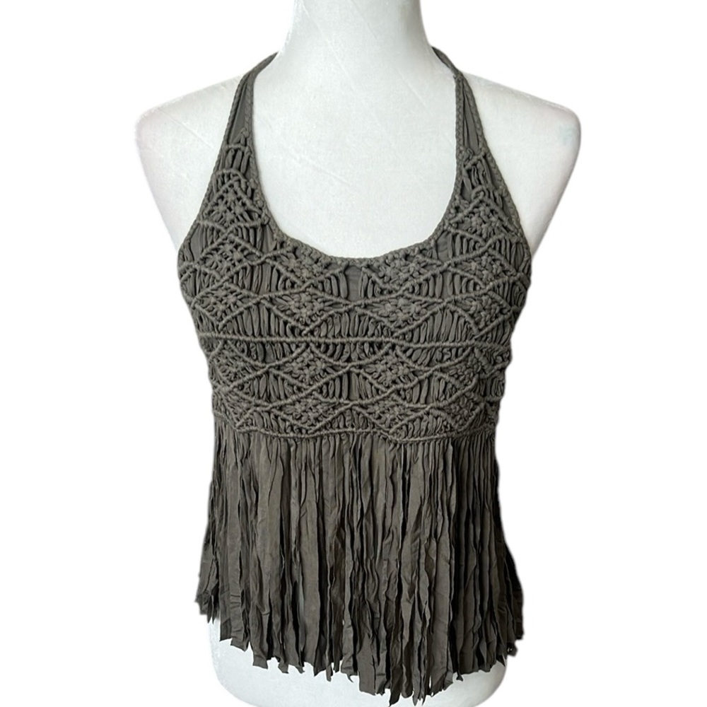 NWT POL Green Macrame Fringe Halter Top Beaded Back Tie Boho Festival Small